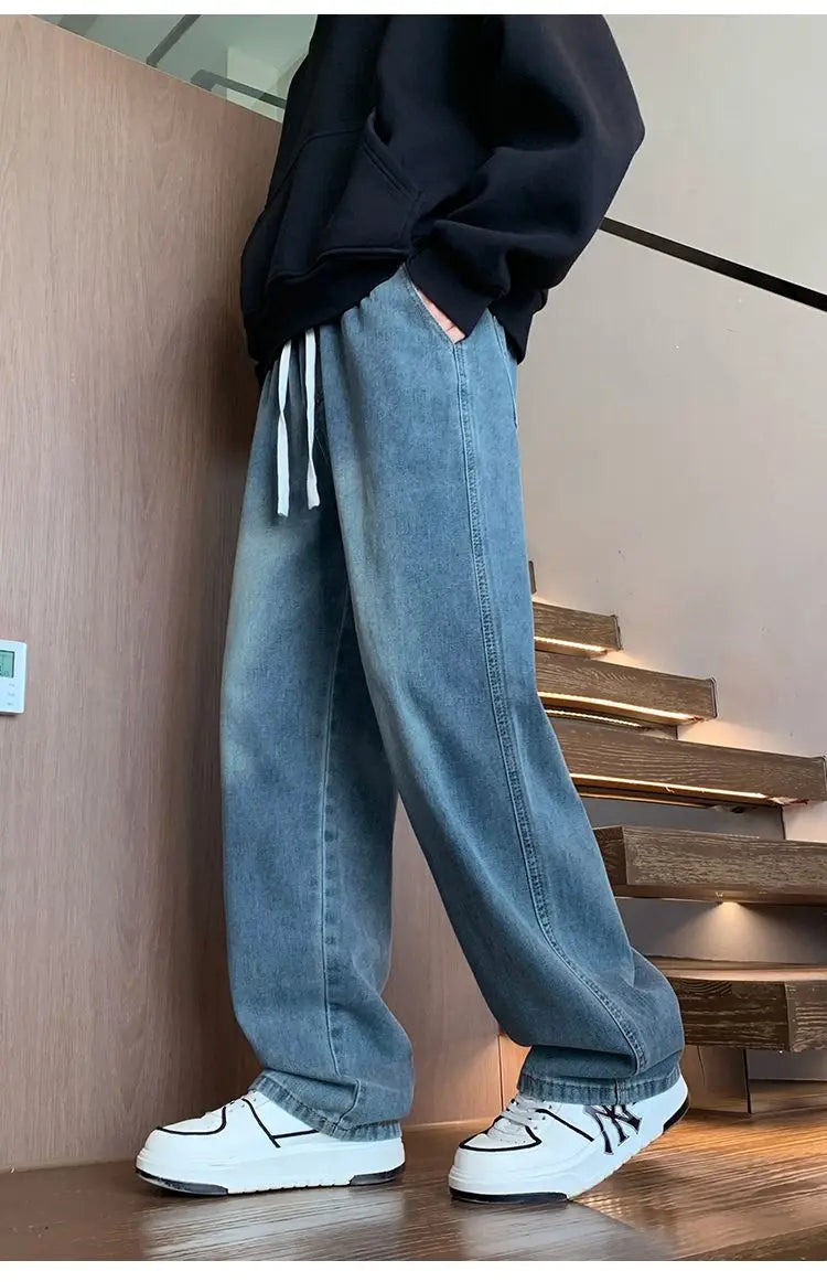 Calças masculinas casuais, calças retas soltas, primavera verão, nova moda, jeans masculinos de cintura alta com pernas largas