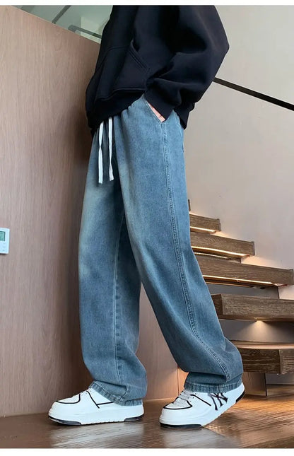 Calças masculinas casuais, calças retas soltas, primavera verão, nova moda, jeans masculinos de cintura alta com pernas largas