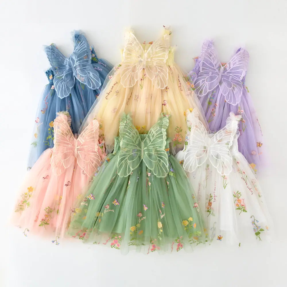 Girls Princess Dress with 3D Wings - Sparkle Tulle Sleeveless Gown, Fairy Puffy Party Dress for Birthday & Holiday