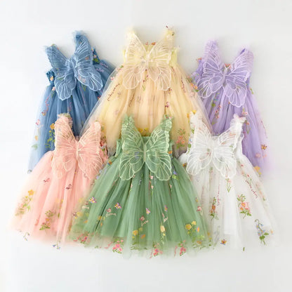 Girls Princess Dress with 3D Wings - Sparkle Tulle Sleeveless Gown, Fairy Puffy Party Dress for Birthday & Holiday