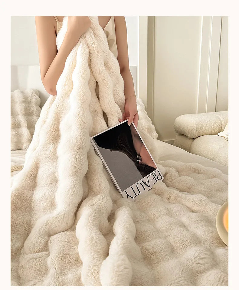 2025 new solid color imitation rabbit plush milk plush thickened thermal leisure home blanket office nap blanket, no pillowcase.
