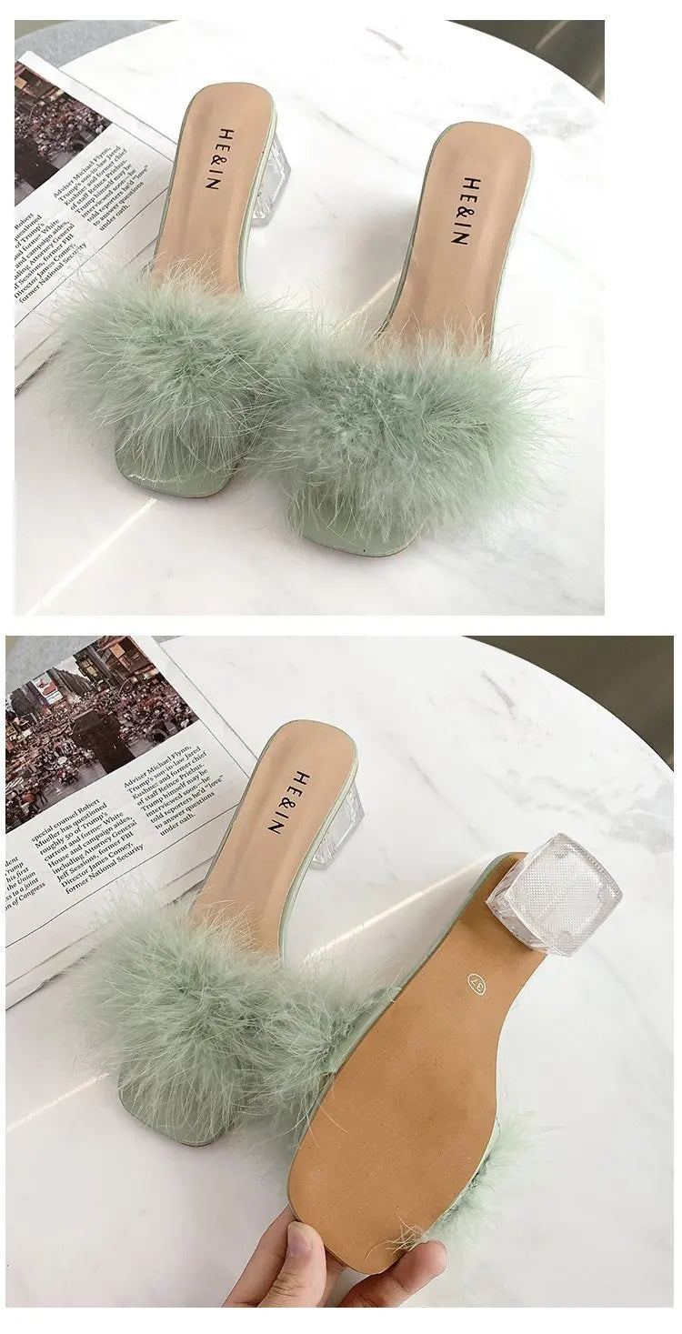 2023 Fluffy Peep Toe Sexy High Heels Women Shoes Fur Feather Lady Fashion Wedding Slip-On Pink Square Toe Women Sandals