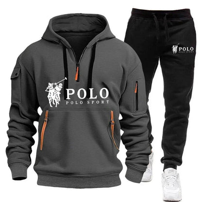 Autumn and Winter 2025 new Men's casual set, a fashionable outdoor hiking windproof and warm men's hoodie and pants 2-piece set