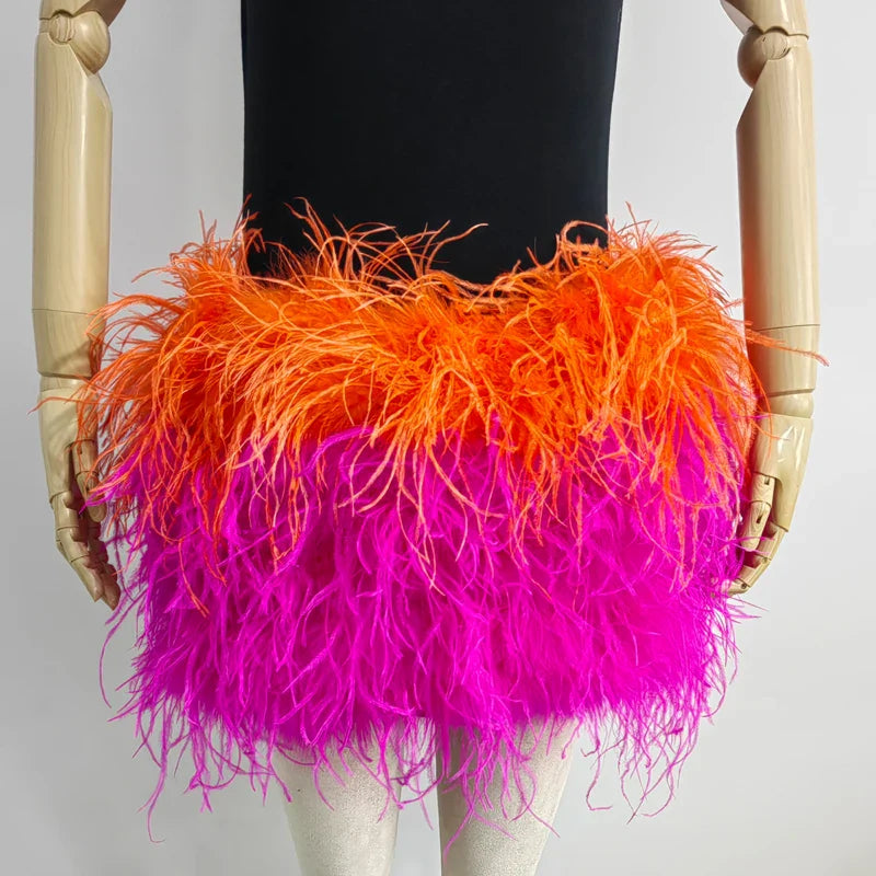 True ostrich feather Multicolor Mini Skirt Elastic Waist  Sexy Clothing Club Party Dance Rave Short Skirt Note select 3 colors