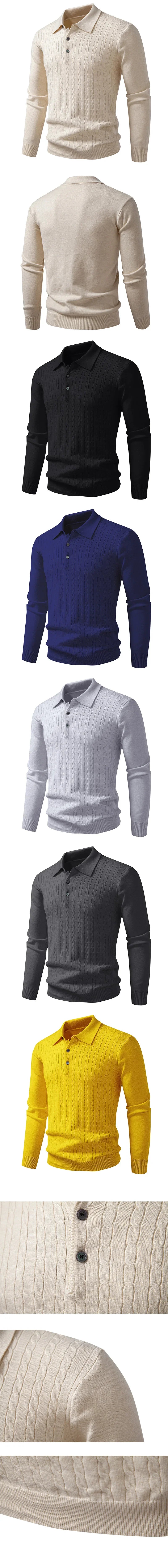 Men's Knitted Polo Shirts Button Cable Pullover Sweater V-neck Long Sleeve Outerwear Warm Heavyweight Solid Jumper