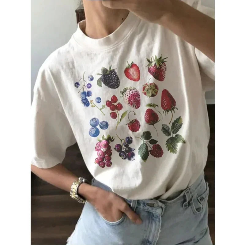 American Ins Aesthetic Fruit Berry Species Pattern T-shirt Fashionable Fruit Lovers Personality Cute Y2K Streetwear Niche Tops