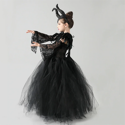 2-10Yrs Maleficent Girl Evil Queen Black Tutu Dress with Feather Scarf Halloween 2026 Villain Party Gothic Costume Gown Vestidos