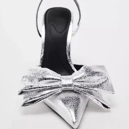 Luxury Silver High Heeled Sandals Women Sexy Pointed Toe Back Strap Thin Heels for Women Elegant Bow Design Banquet Dress Shoes