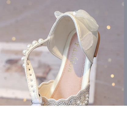 2025Summer Girls Sandals With Heel Fashion Rhinestone Shiny Glitter Shoes Children Princess Bowtie Pearl Dancing Shoes