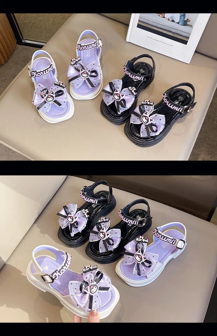 Kids'Sandals Kuromi PU Leather Bow Flat Spring Shoes For Girls Anti-slip Soft Thick Bottom White Black Shoes Size 25-36