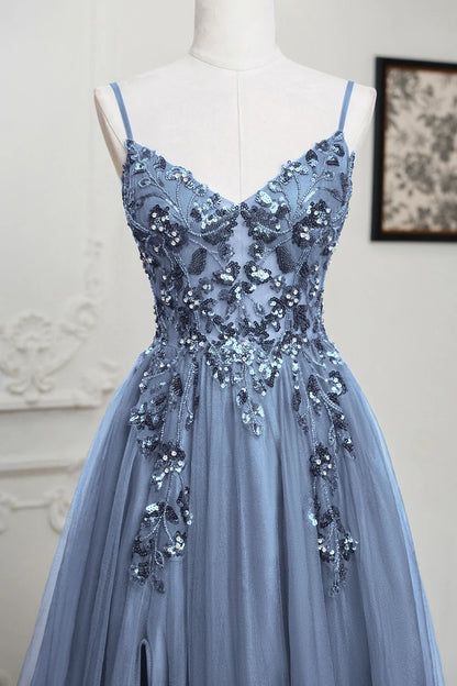 Dusty Blue Soft Shiny Tulle Long Evening Dresses Elegant Appliques Lace Open Back Sexy Prom Formal Party Maxi Gowns