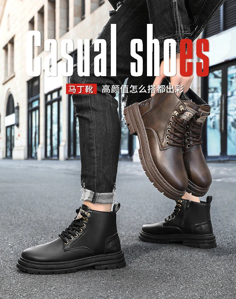 Men's boots four seasons soft-sole non-slip casual boots fashion outdoor work boots high boots classic Joker youth leather boots
