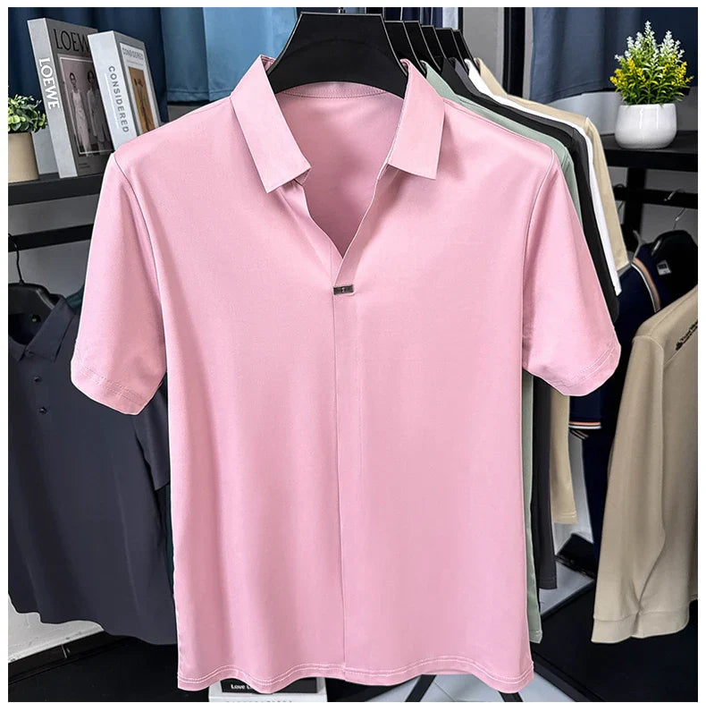 High quality ice silk short sleeve T-shirt men's lapel top trendy brand design cool silky breathable summer casual polo shirt