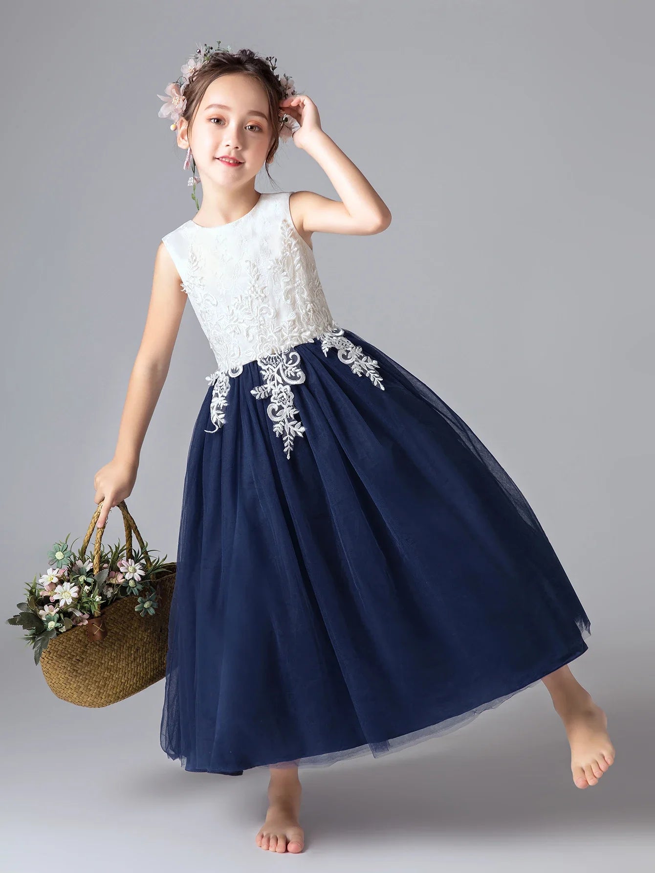 Flower Girl Dresses for 6 Year Olds Navy Blue Young Girl Dresses Ankle-Length Ball Gown