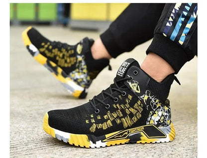 Men's All Seasons Safety Shoes Breathable Flying Woven Steel Toe Cap Impact Resistant Puncture Proof mid Cut Sneakers