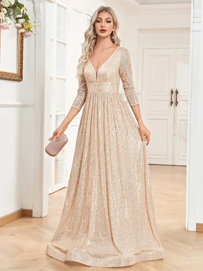 Vestido de Noite Formal Azul com Lantejoulas Decote V Manga Longa Luxuoso Feminino para Festa de Casamento Baile Formatura Maxi Coquetel