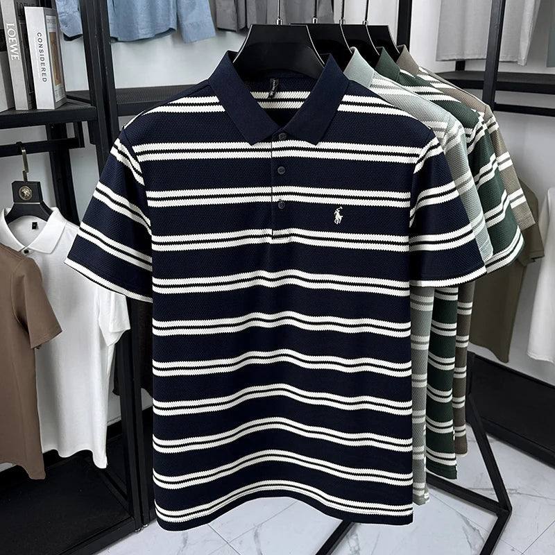 2026 New Men's Summer Short Sleeved Lapel Striped Polo Shirt, Business Casual Cool T-shirt