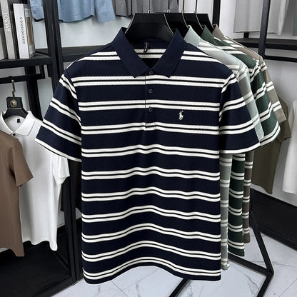 2026 New Men's Summer Short Sleeved Lapel Striped Polo Shirt, Business Casual Cool T-shirt