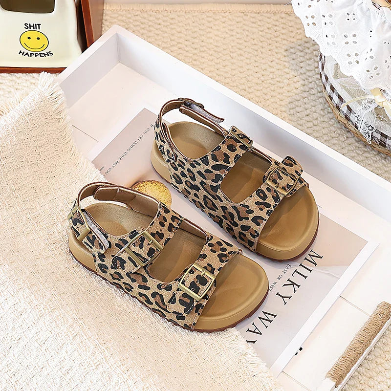 Summer Kids Toddler Girls Trendy Leopard Print Sandals Adjustable Buckle Strap Anti-Slip Soft Sole Daily Walking Outdoor Play