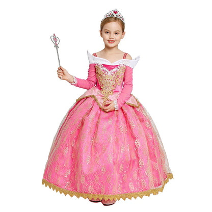 Girls Princess Dress Sleeping Beauty Aurora Cosplay Costume 2025 Kids Carnival Birthday Party Pink  Long Sleeve  Evening Dresses