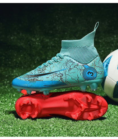 Fashion Men Professional Soccer Shoes Outdoor Cleats Unisex Ultralight Long Spikes Futsal Training Shoes Red Football Boots Men