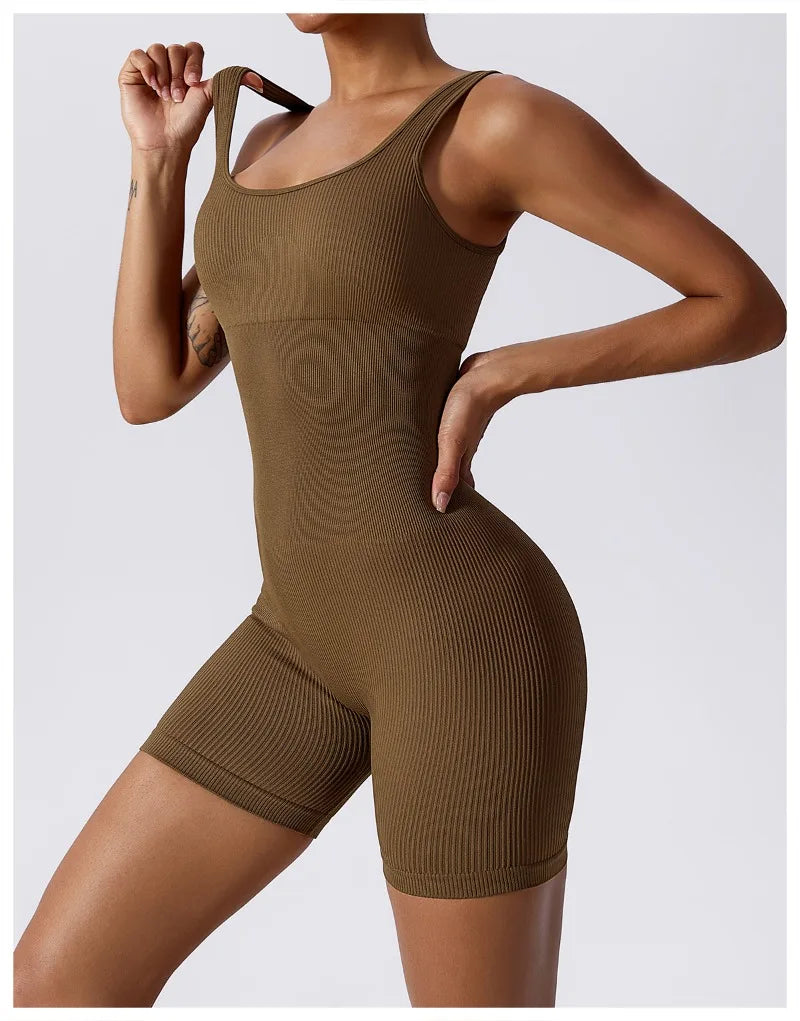 Women's Yoga Rompers One Piece Tummy Control Seamless Ribbed Jumpsuit Padded Sports Bra Workout Romper Fashion Fitness Sportwear