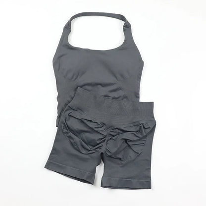 Seamless Yoga Set Womens Backless Halter Tank Top Ribbed Waist Gym Shorts 2 Piece Sets Women Outfit Workout Clothes