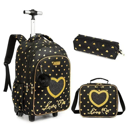 Children's Wheeled Backpack Bag Set with Lunch Box School Rolling Backpack Bag with Wheels School Trolley Backpack Bag for Girls