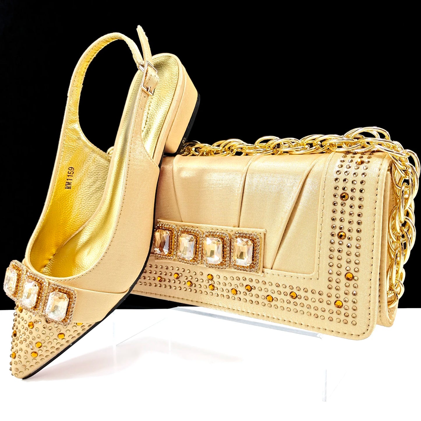 Italian Olive Pumps and Bag for Party 2024 INS Style Pointed-Toe Rhinestone Elegant Low Heels Wedge for Wome