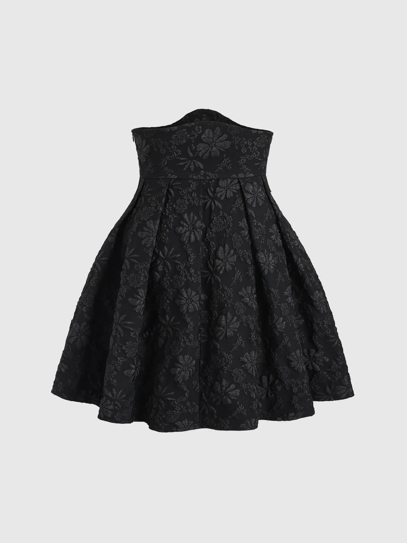 Black floral jacquard strapless dress with button embellishments and puff style skirt