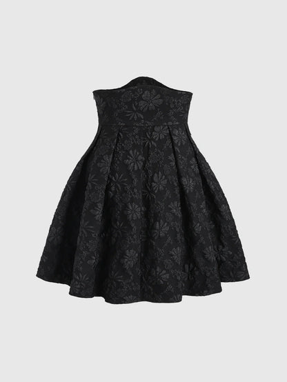 Black floral jacquard strapless dress with button embellishments and puff style skirt
