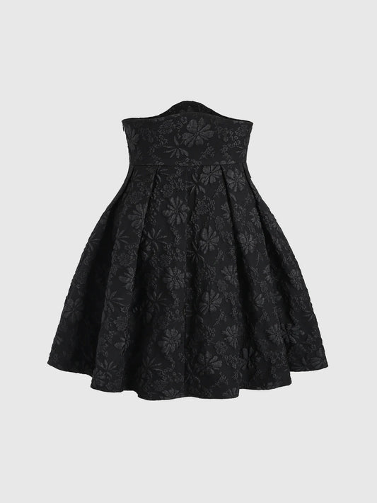Black floral jacquard strapless dress with button embellishments and puff style skirt