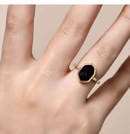 Hexagon Black Onyx Rings for Women Men Moissanite Side Edge S925 Silver 18K White Gold Plated Party Daily Jewelry Gifts