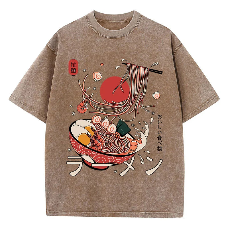 Ramen Noodles Cotton Washed T-Shirt Women Harajuku Printing Tops Comfortable O-Neck Oversized T Shirts All-Match Woman Clothes