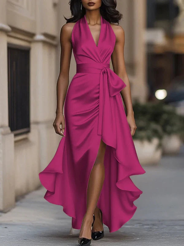 Freeacy Women's Deep V-neck Ruffled Evening Gowns Solid Color Lace-up High Waist Satin Party Dresses Wedding Guests Dress