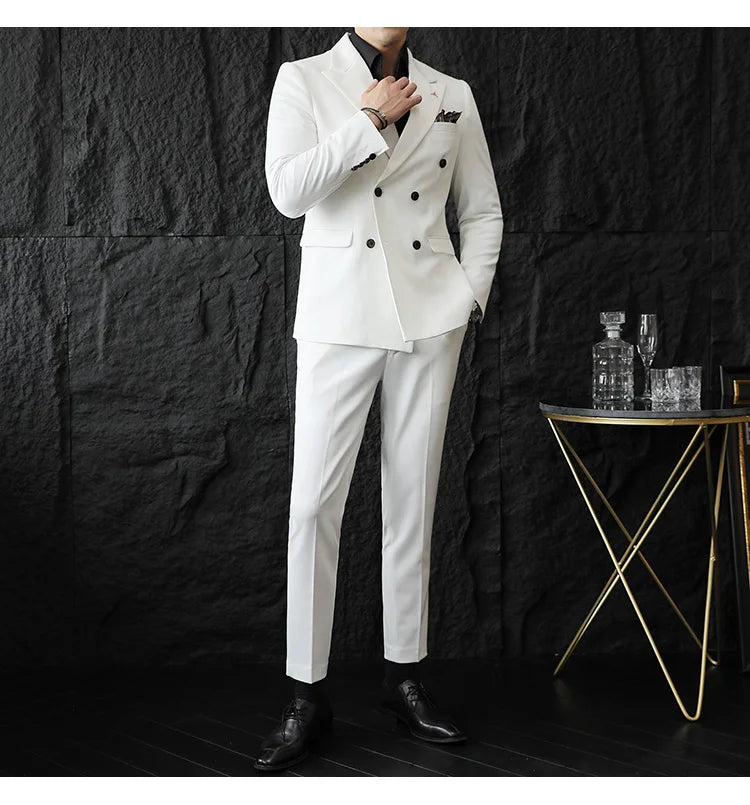 ( Blazers + Pants ) Boutique Fashion Solid Color Double-breasted Men's Casual Business Slim Suit 2-piece Set Groom Wedding Dress