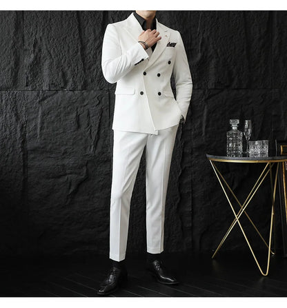 ( Blazers + Pants ) Boutique Fashion Solid Color Double-breasted Men's Casual Business Slim Suit 2-piece Set Groom Wedding Dress
