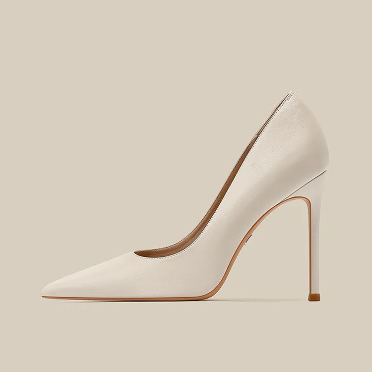 Soft leather high heels for women slim heels with pointed tips new spring and autumn versatile nude professional single shoes