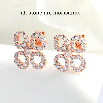 Flower All Moissanite Stud Earrings for Women Full Diamond Round Cut Sparkling Girls Jewelry Pure 925 Silver Plated 18k