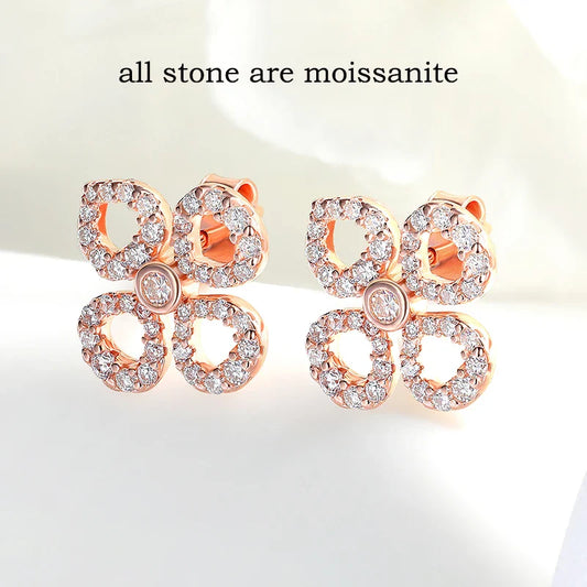 Flower All Moissanite Stud Earrings for Women Full Diamond Round Cut Sparkling Girls Jewelry Pure 925 Silver Plated 18k