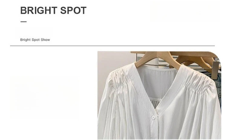 2026 V-neck Long Sleeved Plus Size Shirt Loose Pleated Ruffle Oversized Tops Ladies Chic Elegant Solid Versatile Blouse