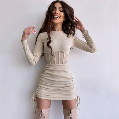 Hollow Out Bodycon Dress Women O Neck Long Sleeve Mini Vestidos Ribbed Hot Sexy Dresses Fashion High Street Wear