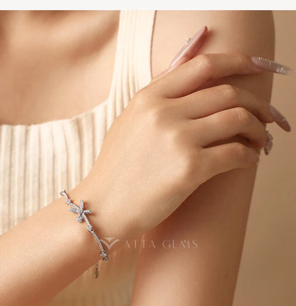 Bow Star Moissanite Bracelets for Women S925 Silver Adjustable 16+3cm Elegant Romantic Engagement Jewelry Gifts for Her