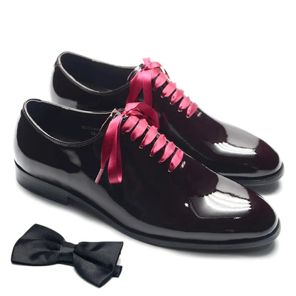 Luxury Men's Dress Shoes Burgundy Smooth Patent Leather Italian Whole Cut Plain Toe Oxford Lace-Up Wedding Party Formal Shoes