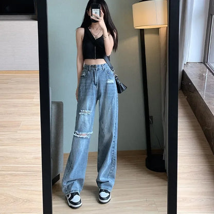 High-waisted Slimming Petite Jeans Women's Loose-fit Summer Vintage Wide-leg Trousers Torn-up Draped Style Casual Pants
