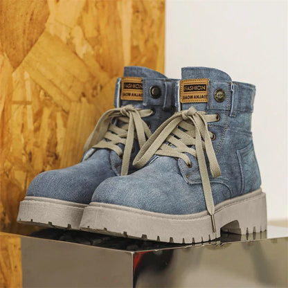 Breathable Men Boots Winter Denim Cloth Mens Ankle Boots Retro Work Boots Platform Men Casual Shoes Handmade High Top Shoes
