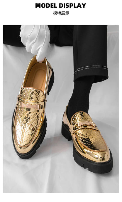 British Style Gold Luxury Loafers For Man Leather Shoes Design Pointed Toe Men's Dress Shoes Casual Wedding Formal Shoes Men