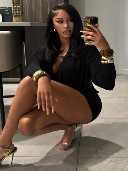 Cross Deep V-Neck Dress Women Full Sleeve Stretch Solid Midnight Street Clubwear Party Autumn Trend Elegant Mini Bodycon