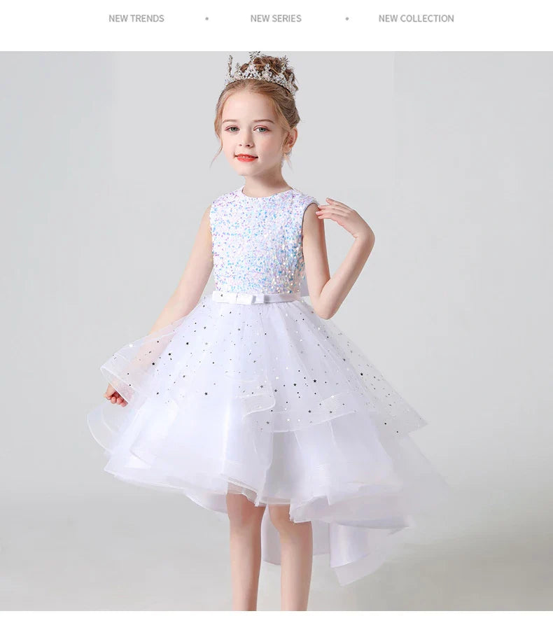 Summer Sequin Lace Tuxedo Wedding Dress for girls 3-13 years old Sleeveless fluffy Mesh gauze Doveark brand