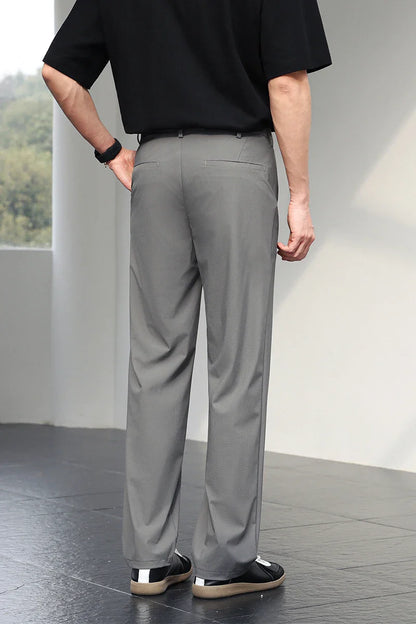 Men's Ice Silk Trousers High Stretch Micro-Grid Straight Leg Pants Business Casual Breathable YKK Zip Quick Dry Slacks 2026
